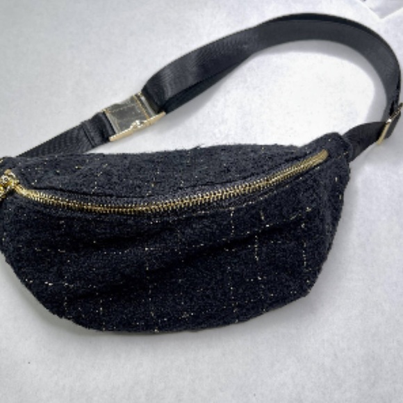 NWT Generation Love Tweed Windowpane Belt Bag Fanny Pack - Black and Gold - Picture 2 of 6